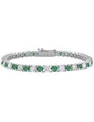 Sterling Silver Round Frosted Emerald and Cubic Zirconia Tennis Bracelet 4.00 CT TGW