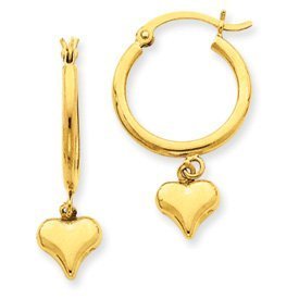 PriceRock 14k Gold Puffed Heart Dangle on Hoop Earrings