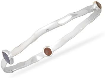 Polished Wave Design Bangle Bracelet with Genuine Stones Thin polished wavy bangle bracelet features a 6.5mm x 4.75mm garnet oval, a 3.5mm x 7.5mm iolite marquise and a 4.5mm x 6.5mm smoky quartz teardrop. Bangle is 3.75mm wide. .925 Sterling Silver