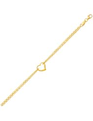 14K Yellow Gold Double Rolo Chain Anklet with an Open Heart Station