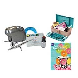 BASIC AIRBRUSH CAKE DECORATING KIT WITH 50 PIECE TOOL AND CADDY DECORATING SET, AIRBRUSH COMPRESSOR, AIR HOSE, G22 AIRBRUSH, AND AMERIMIST AIRBRUSH CAKE PAINT
