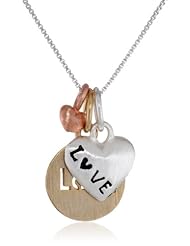Tri-Colored Sterling Silver with Yellow and Rose Gold Flashed "Love" with Hearts Three-Charm Necklace, 18"
