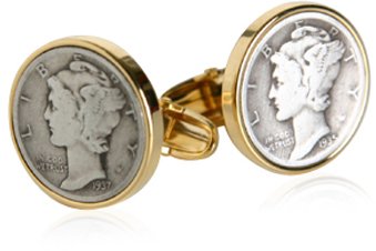 Genuine Mercury Dime Coin Cufflinks in 14kt. Gold Overlay Setting with Presentation Box