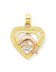 14k Gold Yellow & Rose Gold w/Rhodium Dolphin Heart Pendant