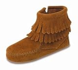 Double Fringe Side Zip Booty for Infants by Minnetonka Moccasins in Brown Suede