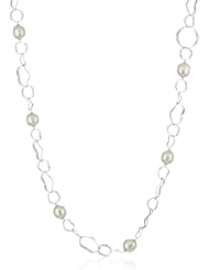 Majorica 14mm White Baroque Pearls on Sterling Silver Hammered Oval Link Necklace