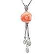 Red Coral Rose Cultured Pearl Tail Platinum Overlay CAREFREE Sterling Silver Pendant Necklace