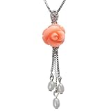 Red Coral Rose Cultured Pearl Tail Platinum Overlay CAREFREE Sterling Silver Pendant Necklace