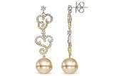 7/8 Carat Diamond and 11mm Golden South Sea Cultured Pearl 18K Tri Color Gold Earrings