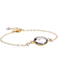 Sterling Silver Chain Faceted Oval Bezel and White Freshwater Cultured Pearl Bracelet, 7.5"