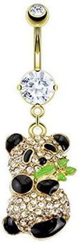 Gold Tone Belly Ring With Dangling Panda Bear
