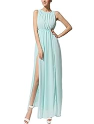 Sleeveless Acrylic/Chiffon/Nylon Round Neck Slit Gathered Maxi Dress 