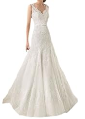 V-neck Mermaid Lace  Beaded Applique  Dress with a Chapel Train  With Ruffles