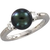 08.00 Mm 14K White Gold Black Cultured Pearl And Diamond Ring