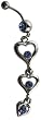 Blue Crystal CZ Dangle Belly Button Navel Ring Bar Silver - Chandelier Style - Tri-Heart 3 tier Hearts Belly Button