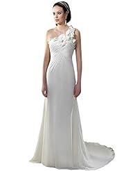 A-line Beaded Ruched One Shoulder Natural   Waistline Chiffon Floral Print Wedding Dress 