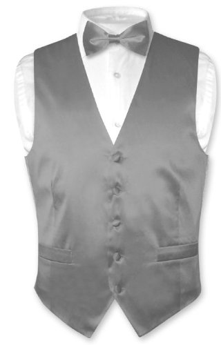 Biagio Men's Solid CHARCOAL GREY SILK Dress Vest Bow Tie Set for Suit or Tuxedo