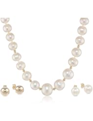 6-13mm Freshwater Cultured White Pearl 3-Piece Necklace Accented with 14k Yellow Gold Beads, 8mm Ball Studs and 8mm Round Pearl Stud Earrings Set, 18"