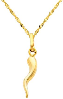 The World Jewelry Center14k REAL Yellow Gold Cornicello Italian Horn Pendant with 1.2mm Singapore Chain Necklace