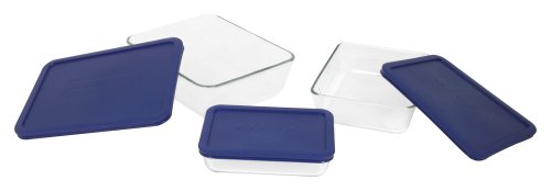 Pyrex Storage 6-Piece Rectangular Set, Clear with Blue Lids