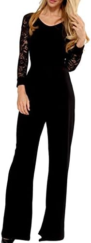 TideGG Women's Sexy Trim Lace Crew Neck Long Sleeve Wide Leg Fashion Black One Size