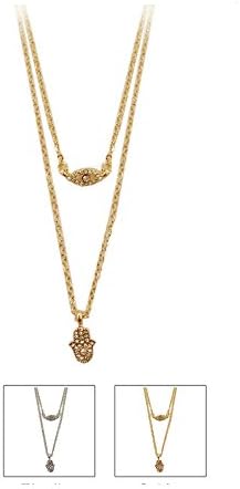 Women's Hamsa Hand Evil Eye Two Chain with Eye Necklace Gold