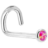 Solid 14KT White Gold 2mm Brilliant Pink Synthetic Opal Left Nostril Screw - 20 Gauge
