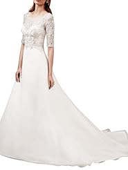 Sheer Lace Round Neck Elbow Length Sleeves Wedding Dress  with a Brush/Sweep Train 