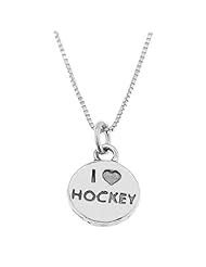 Sterling Silver One Sided I Love Hockey Disc Necklace