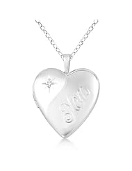 Sterling Silver "Mom" Engraved Heart Diamond Locket Necklace (0.01ct)