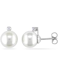 14k White Gold Freshwater South Sea White Pearl and Diamond Stud Earrings (9-10mm), (0.1 Cttw, G-H Color, I1-I2 Clarity)