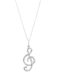 Sterling Silver Cubic Zirconia Trebel Clef Music Note Pendant Necklace