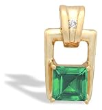 14K Yellow Gold Genuine Square Emerald and Diamond Art-Deco Pendant