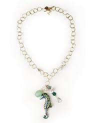 Meg Carter Designs 14k Gold Plate, Mother of Pearl, Blue / Green Cloissione Seahorse, Aqua Agate, Turquoise, Freshwater Pearls and Citrine "Seahorse Bauble Chain" Necklace in Blue & Green
