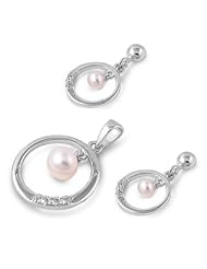 Sterling Silver Dangle Design Hoop Pendant and Earrings Jewelry Set with Clear CZ
