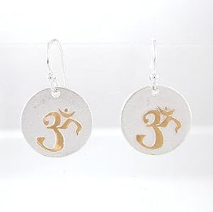Round Om or Aum Dangle Earrings in Matte Finished Sterling Silver and Gold Vermeil, #8492