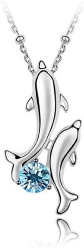 Adorable Aquamarine Blue Crystal Elements with a Pair Happy Dolphin,18" W Chain