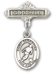 Sterling Silver Baby Badge with St. Sebastian/Soccer Charm and Godchild Badge Pin