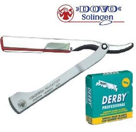 DOVO Shavette Steel Handle Straight Razor with Red Holder and FREE 100 DERBY Professional Single Edge Blades