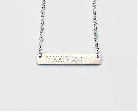 Engraved bar necklace - personalized sterling silver name plate - roman numeral necklace wedding date customized initials jewelry - Theresa