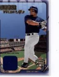 2002 Fleer Focus JE Larger than Life Game Used #3 Ivan Rodriguez - Texas Rangers (Piece of Authentic Game Worn Jersey) (Baseball Cards)