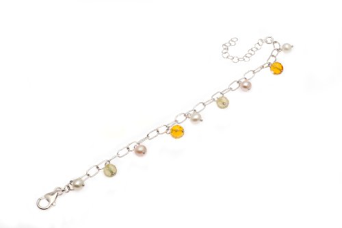Sterling silver cable chain bracelet with white and champagne colored freshwater pearls and glass beads