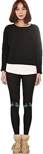 Fassion Map Women Cute Cat Face Embroidery Embroidered Legging (Black)