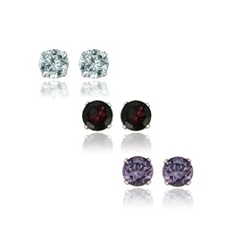 Sterling Silver 5mm Amethyst, Blue topaz & Garnet Stud Earrings, Set of 3