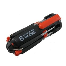 8 in 1 Multifunction Screwdriver with built in high intensity LED Flashlight. 4 sizes of Philips and 4 sizes of Flathead including mini eye glass repair heads.