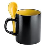 Set of 4 Black Ceramic Mugs with matching spoons, 08-Sunny Yellow