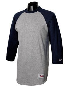 Champion Tagless Baseball Raglan T-Shirt, OXF GRY/NAVY, Large