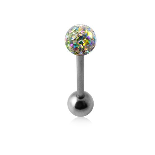 Rainbow Epoxy Multi Crystal Stone Tongue Ring. 14Gx9/16(1.6x14mm) 316L Surgical Steel Barbell with 6MM Crystal Stone Ball and 6MM Surgical Steel Ball.