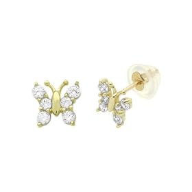 14K Gold Stud Earring CZ Small Butterfly Yellow Gold Earring With Screw Back For Kids & Teens