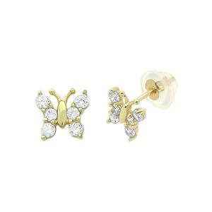 14K Gold Stud Earring CZ Small Butterfly Yellow Gold Earring
